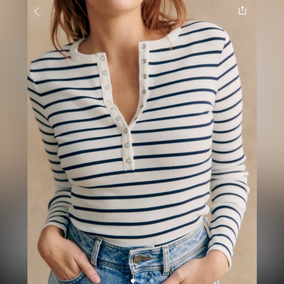 Sezane Tops - Sezane Reese Henley Cotton Stripe Long Sleeve Tshirt Size Large Ecru/Navy
